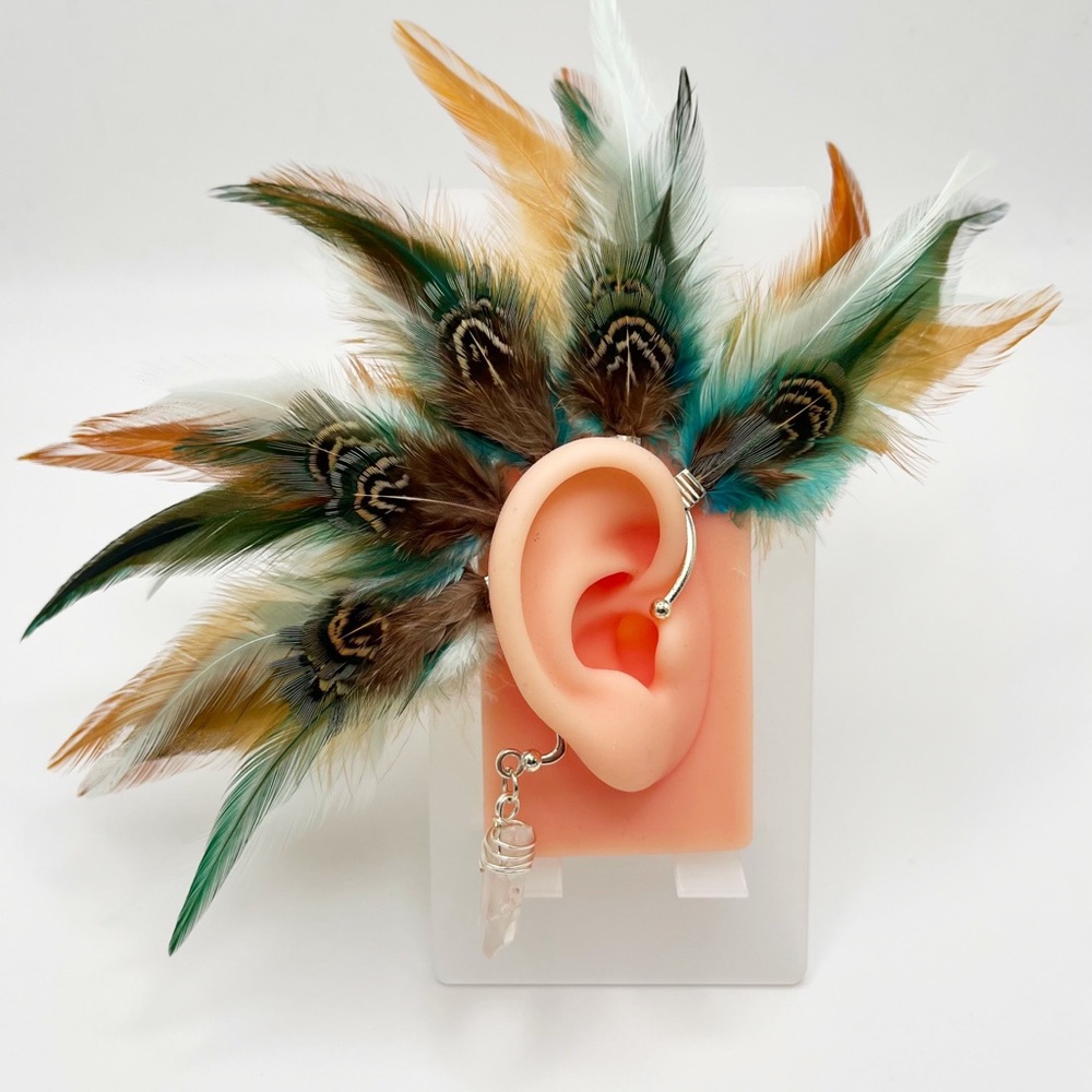 Mint Green & Turquoise Blue Feather Ear Cuff - No pierce, pierce free earring